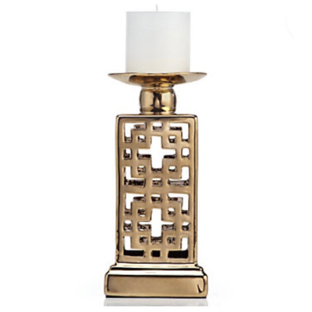 Silver Candle Pillar Holder with Geometric Design